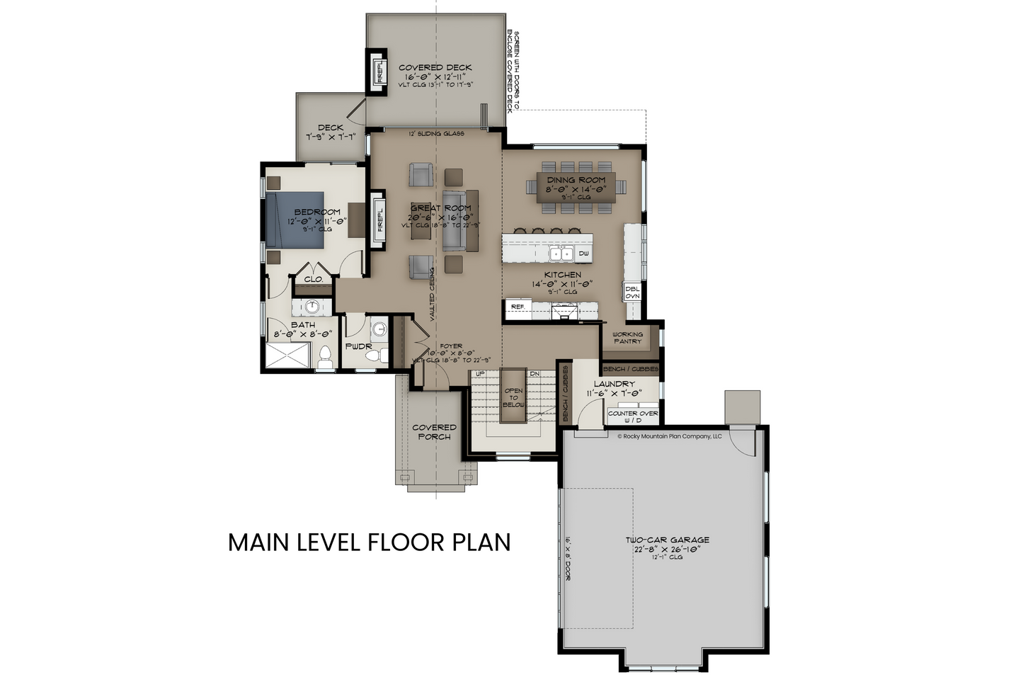 Main level floor plan of Arctic Lupine featuring an open-concept great room, kitchen, dining area, and a large bedroom with an ensuite bath.