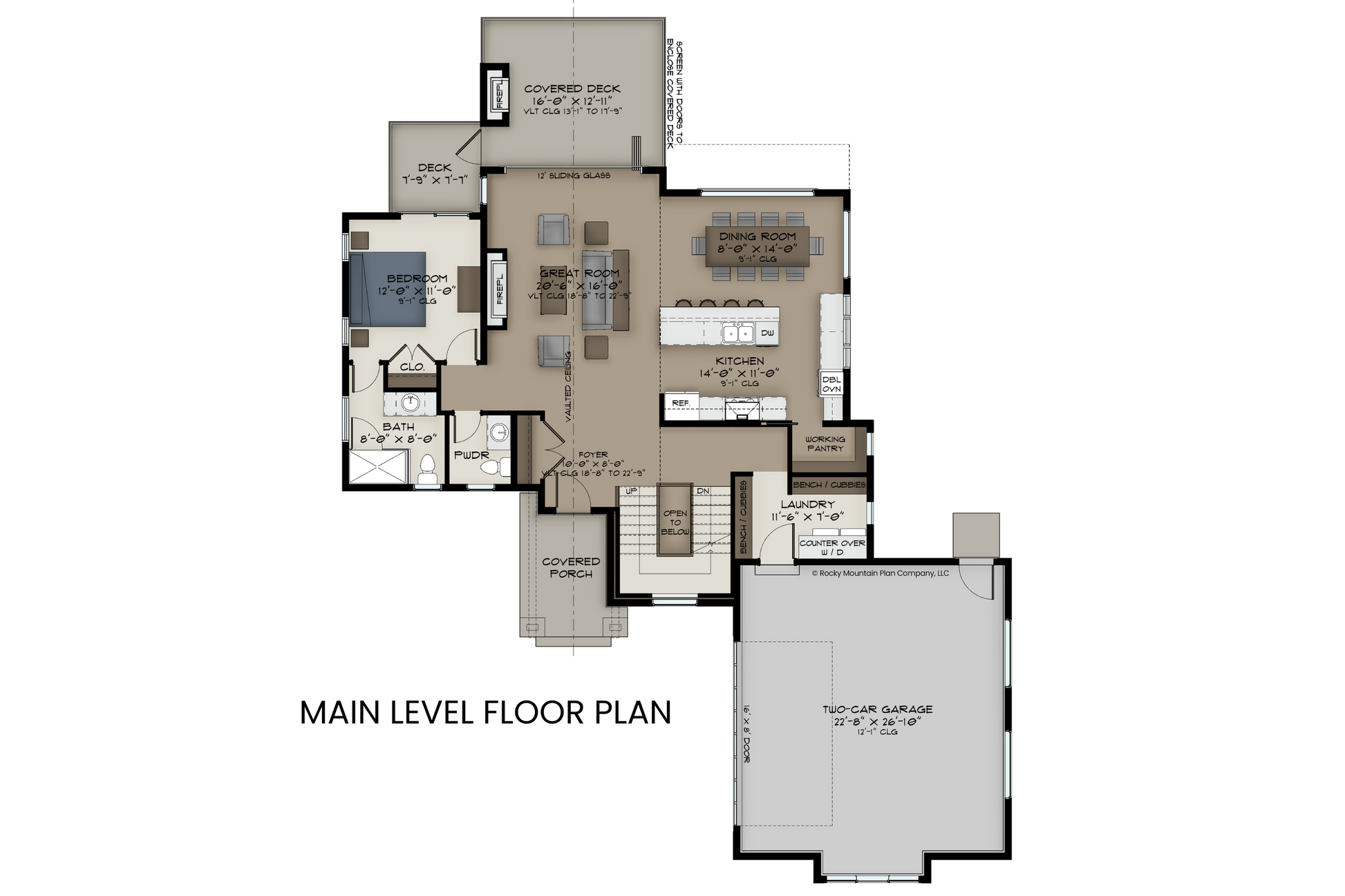 Main level floor plan of Arctic Lupine featuring an open-concept great room, kitchen, dining area, and a large bedroom with an ensuite bath.