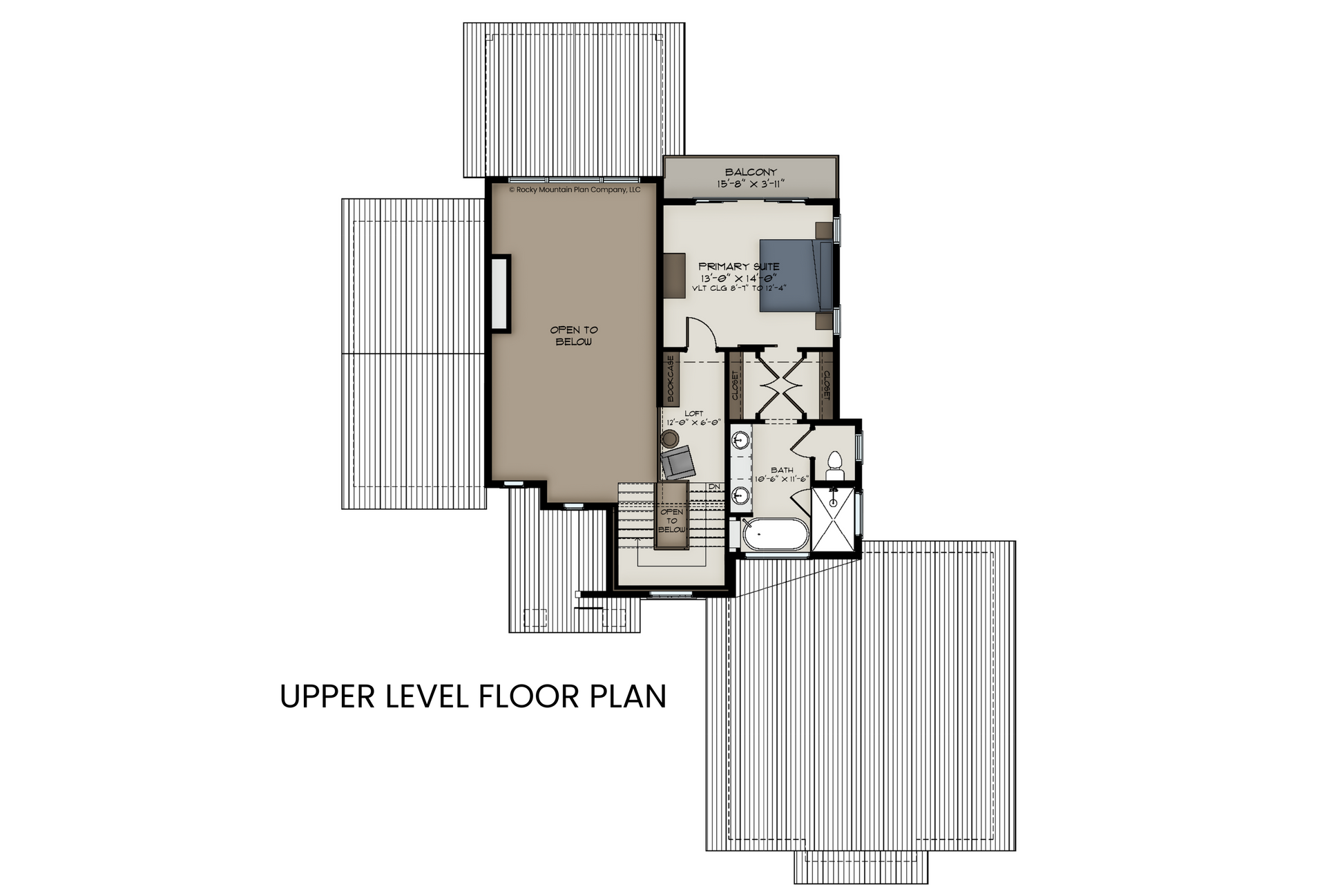 Upper level floor plan of Arctic Lupine with the private primary suite, dual closets, ensuite bath, and a small loft reading nook.