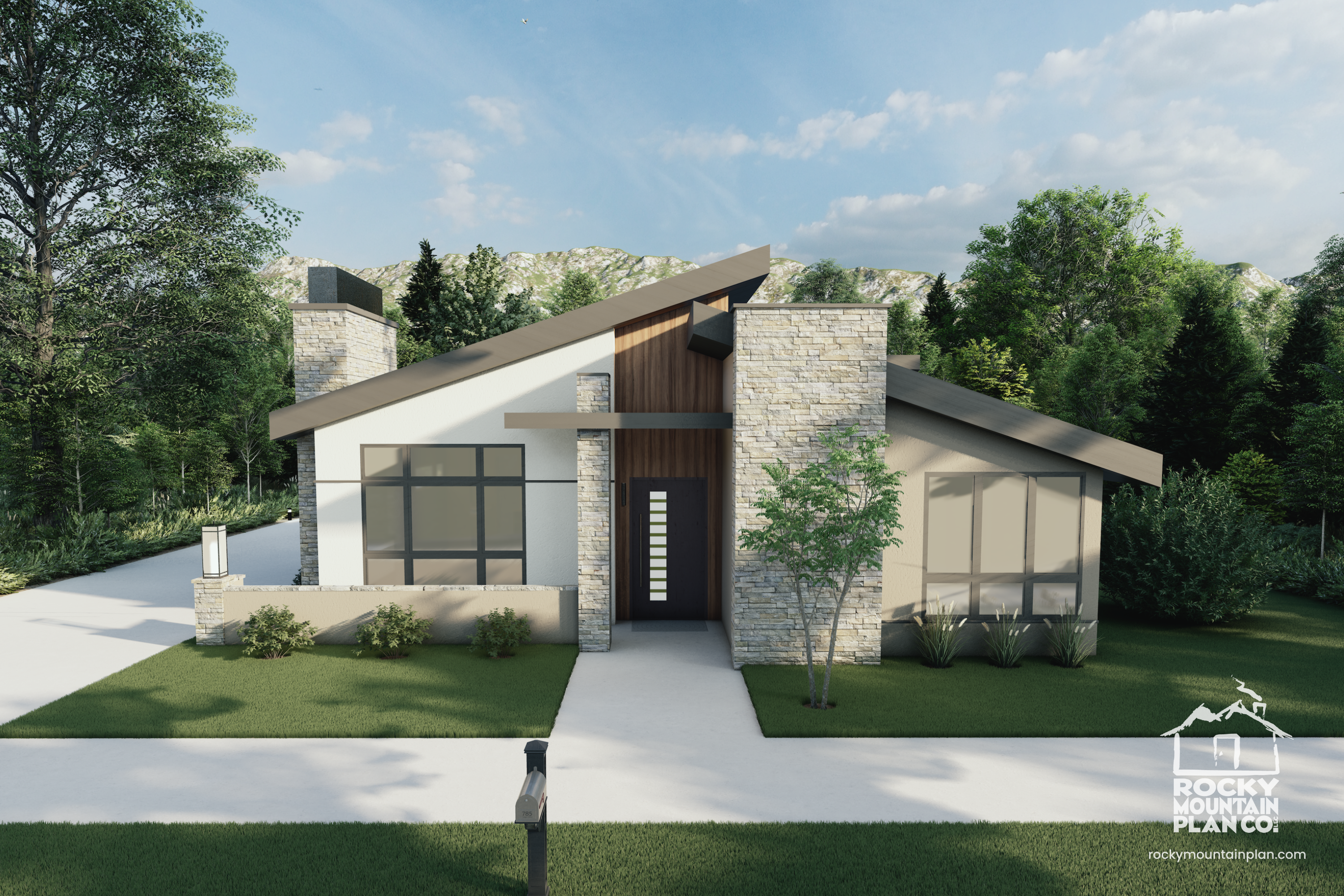 Modern one-level ranch with private courtyard and outdoor fireplace — vaulted great room windows and clean contemporary lines
