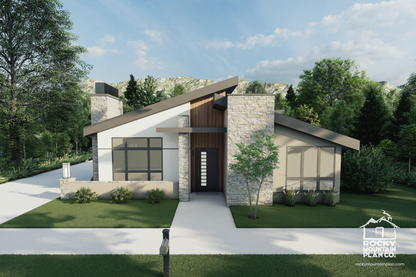 Modern one-level ranch with private courtyard and outdoor fireplace — vaulted great room windows and clean contemporary lines