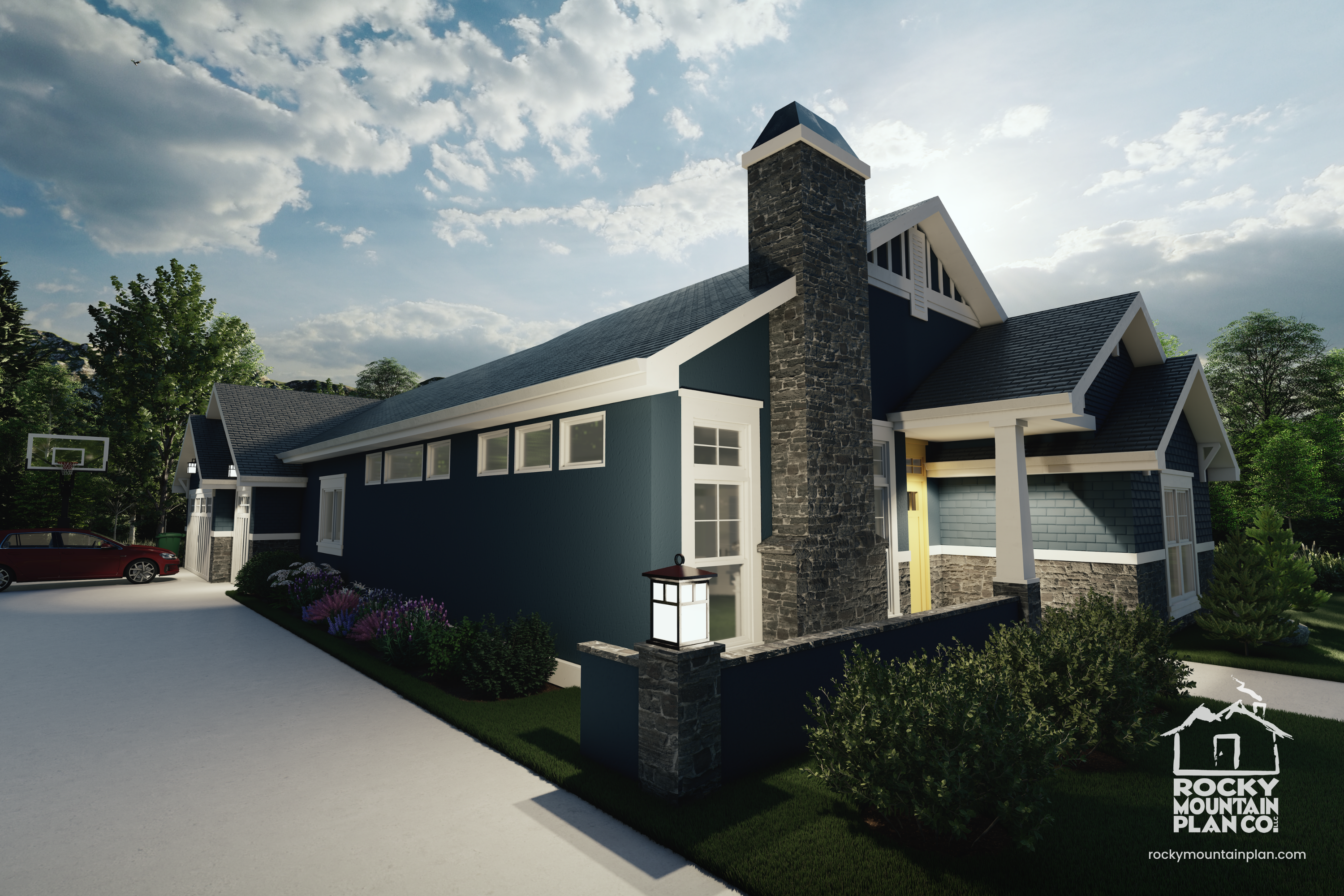 Modern-Craftsman-Ranch-Plan-Left-Exterior-View-Night-Rocky-Mountain-Plan-Company-Sequoia