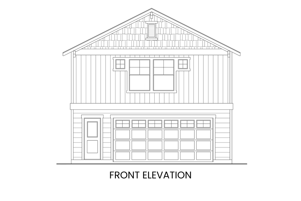 Front elevation of the Bluebird carriage house showing modern farmhouse detailing and garage entry.