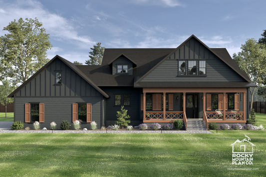 Exterior view of Mystic Lake, a modern farmhouse with a covered front porch and charming two-level design.