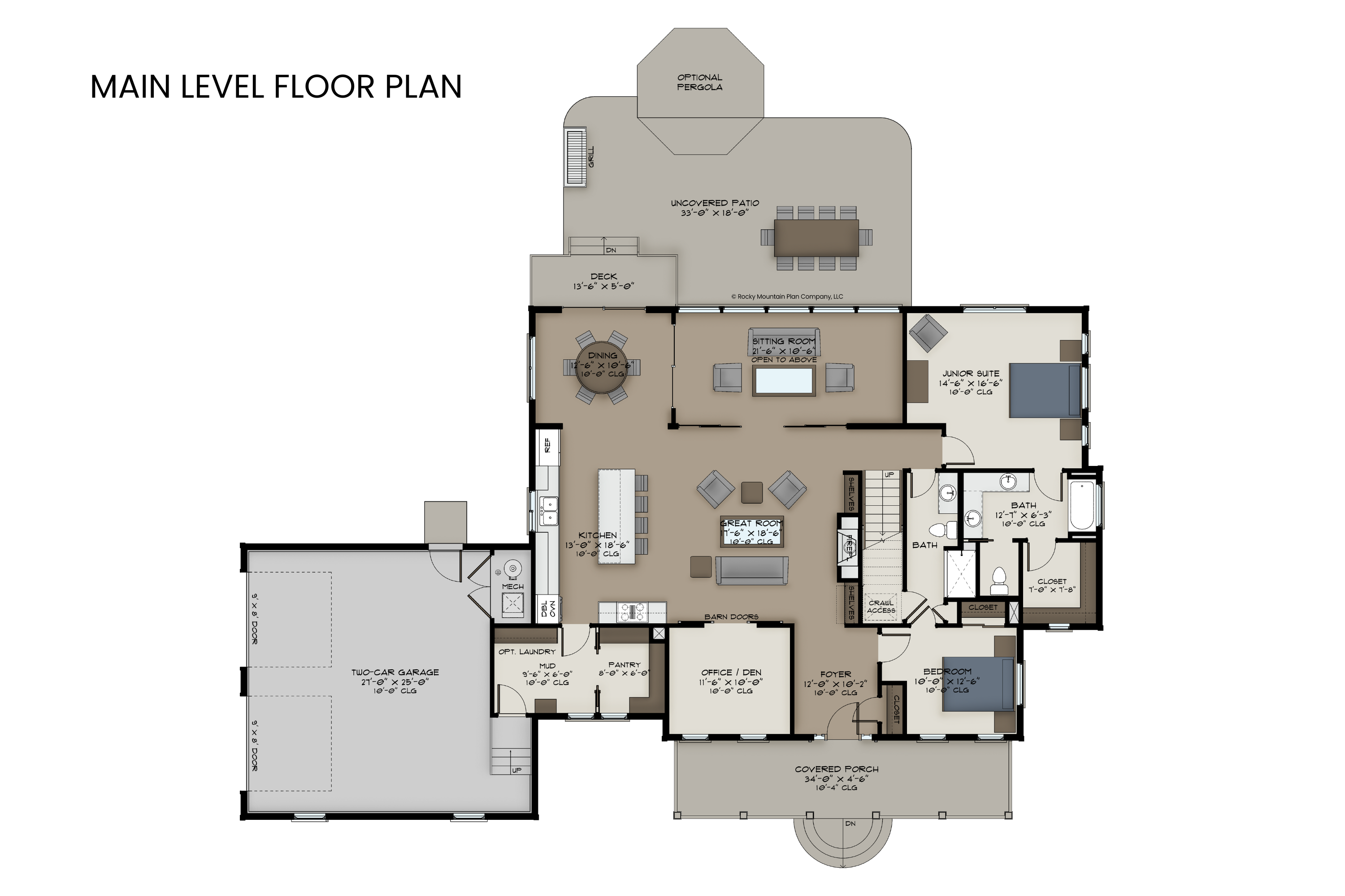 Main level floor plan of Mystic Lake featuring the great room, junior suite, additional bedroom, kitchen, and vaulted sitting room layout.