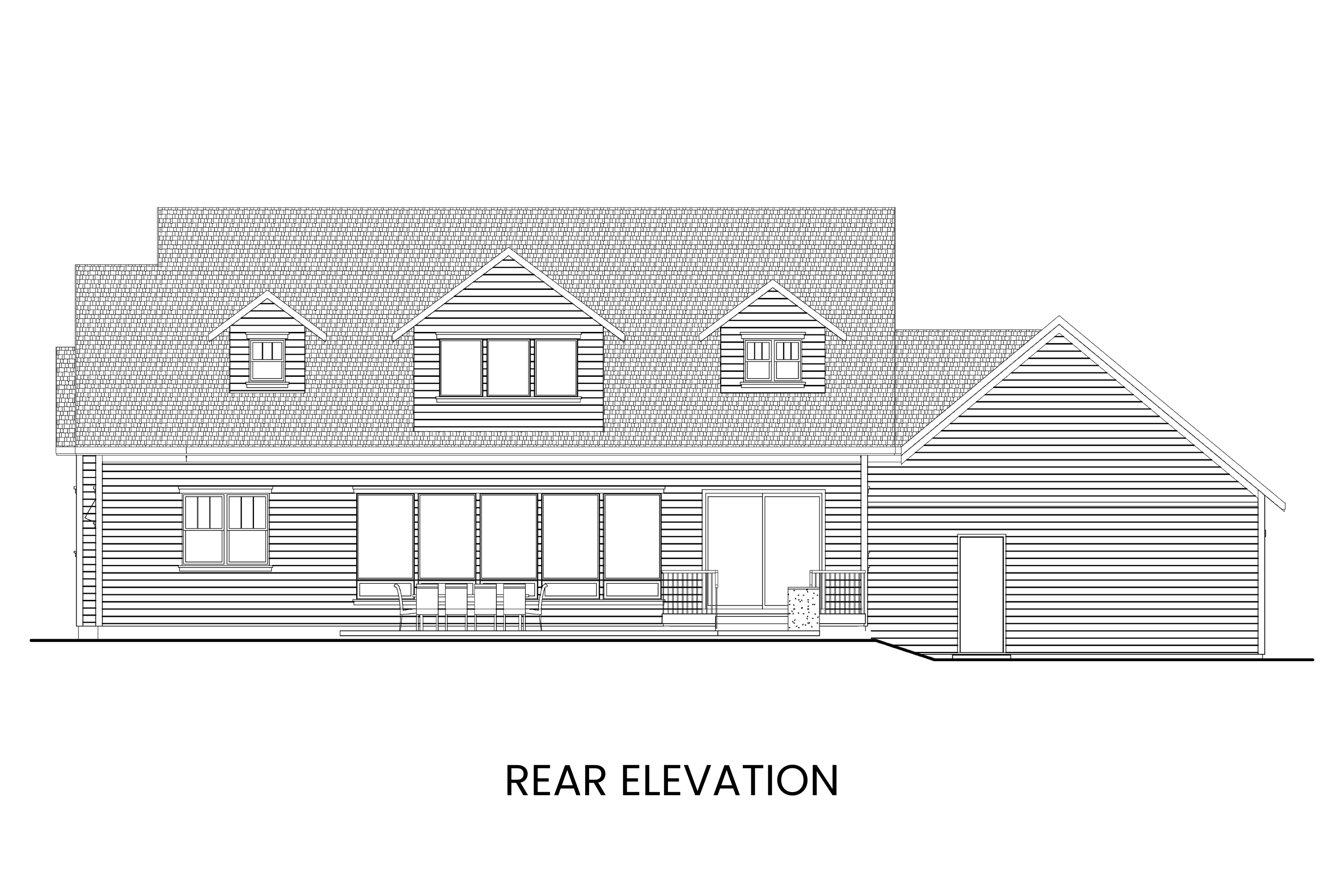 Rear elevation of Mystic Lake highlighting the large patio, screened sitting room, and outdoor living spaces.