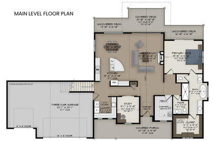 Main level floor plan of Abraham Lake showing 1,715 sq ft with great room, kitchen with island, primary suite, study, and three-car garage