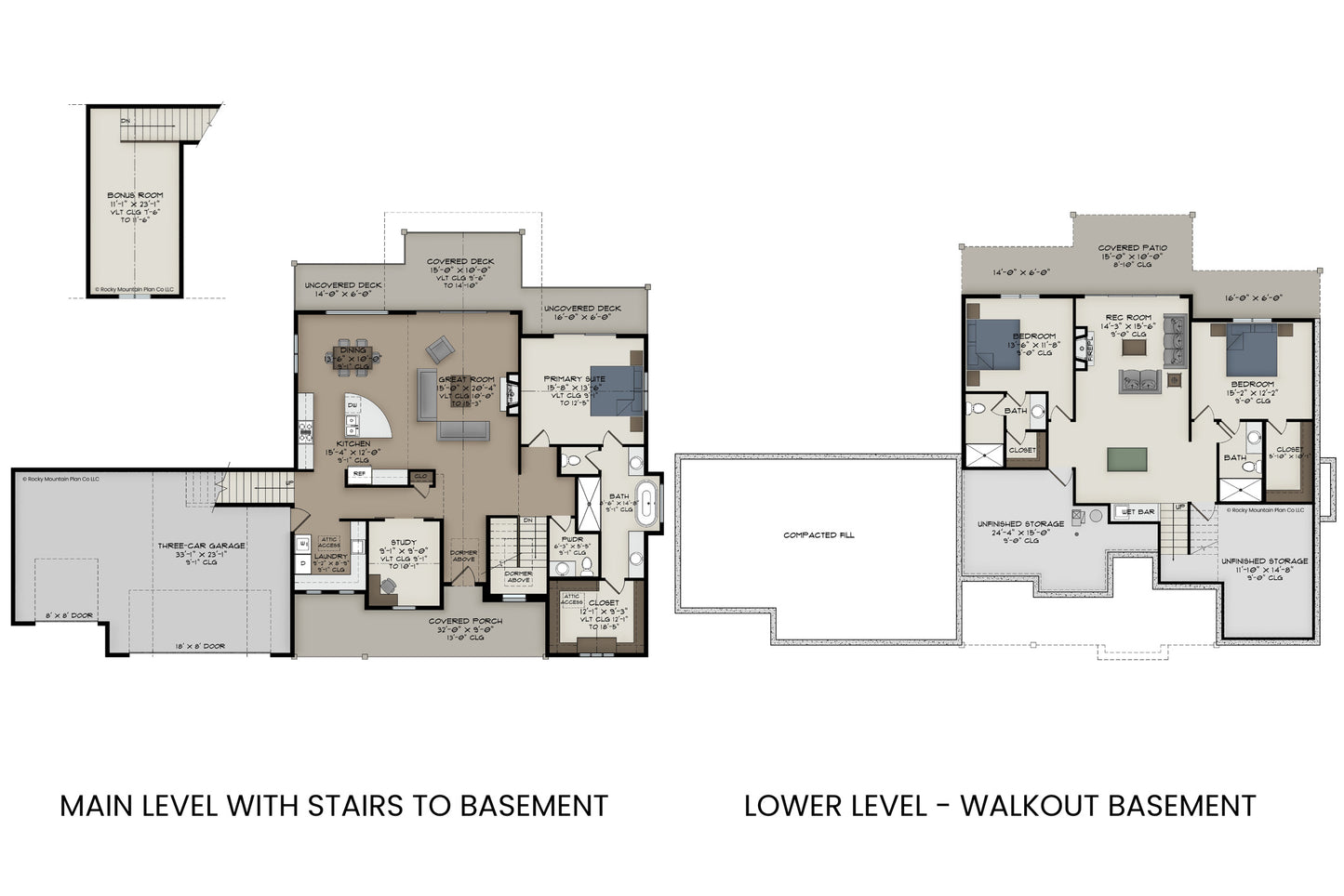 Main and lower level floor plans of Abraham Lake showing walkout basement option