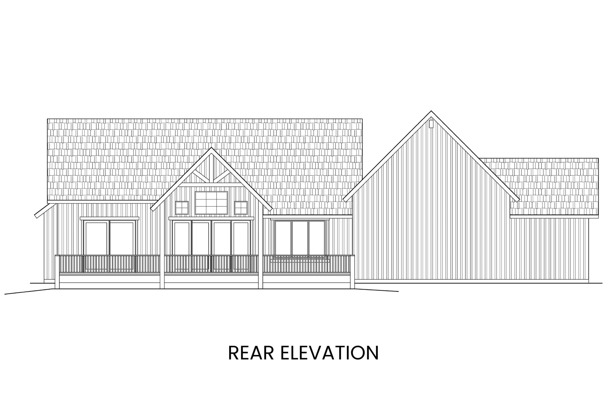 Slab rear elevation of Abraham Lake modern farmhouse plan showing covered deck and uncovered deck