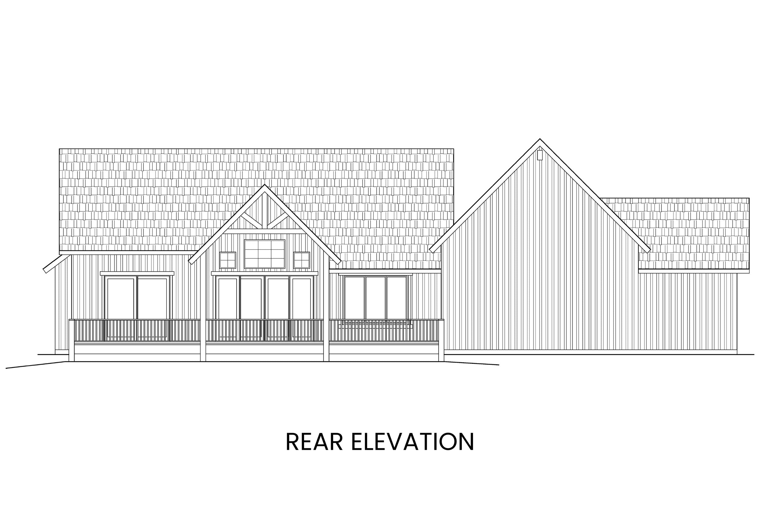 Slab rear elevation of Abraham Lake modern farmhouse plan showing covered deck and uncovered deck