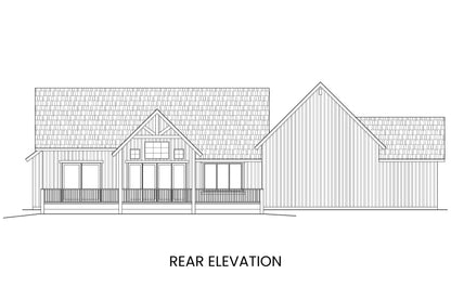 Slab rear elevation of Abraham Lake modern farmhouse plan showing covered deck and uncovered deck