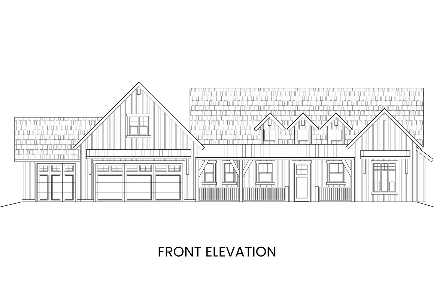 Architectural drawing of a modern farmhouse front elevation on a white background