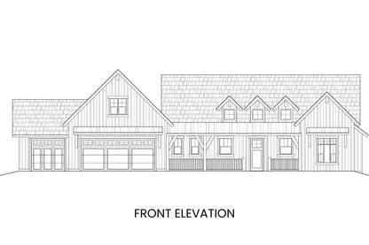 Architectural drawing of a modern farmhouse front elevation on a white background