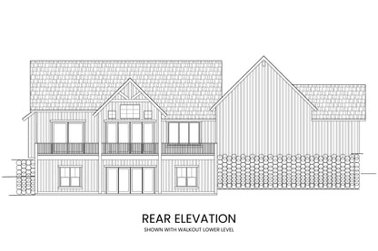 Walkout rear elevation of Abraham Lake modern farmhouse plan showing covered deck and uncovered deck and walkout patio on a hillside site