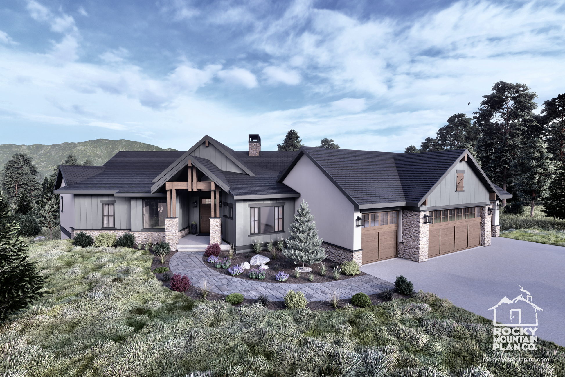 Exterior view of the Wolf Mountain home, showcasing its modern lodge design with soaring timber trusses and expansive windows.