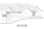 Left side view highlighting the covered deck, dual-sided fireplace, and seamless indoor-outdoor flow.