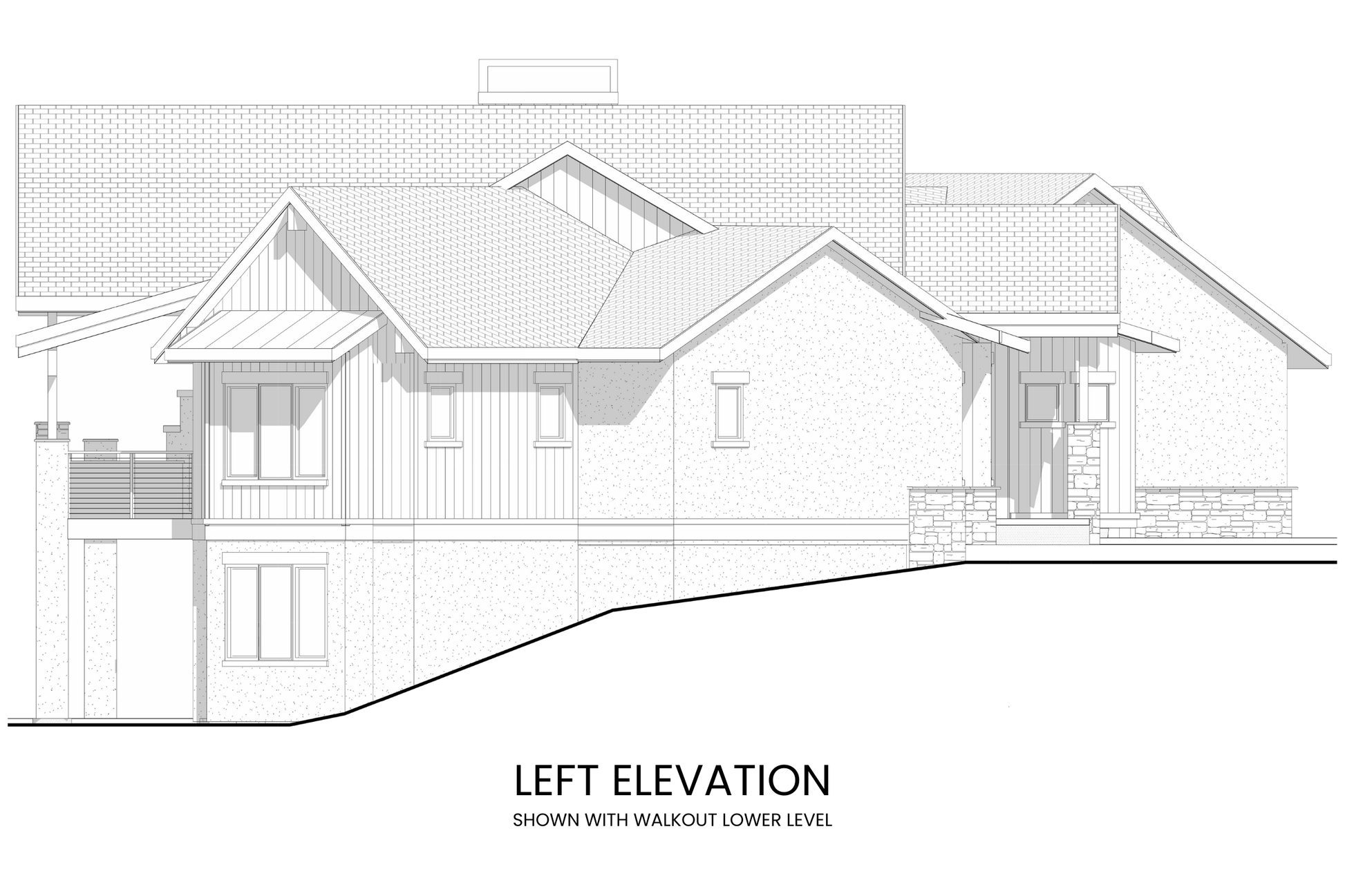 Left side view highlighting the covered deck, dual-sided fireplace, and seamless indoor-outdoor flow.