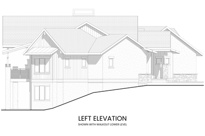 Left side view highlighting the covered deck, dual-sided fireplace, and seamless indoor-outdoor flow.