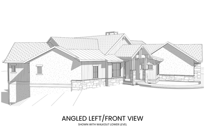 Modern-Lodge-Hillside-House-Plan-Left-Front-View-Rocky-Mountain-Plan-Company-Wolf-Mountain