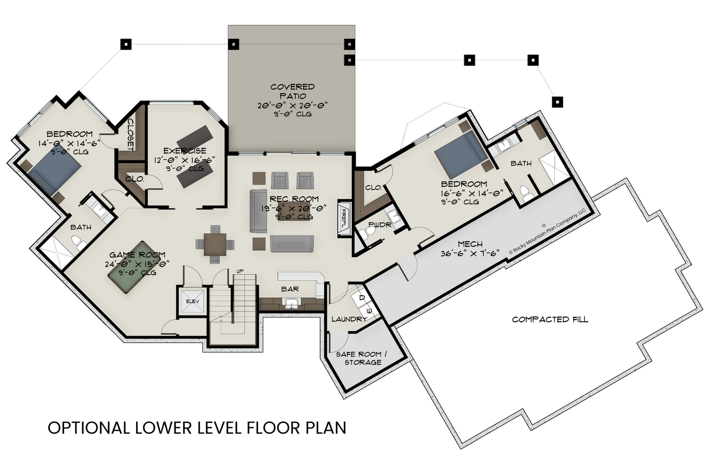 Optional 2,448 sq ft expansion with rec room, full bar, game room, exercise studio, and two ensuite bedrooms.