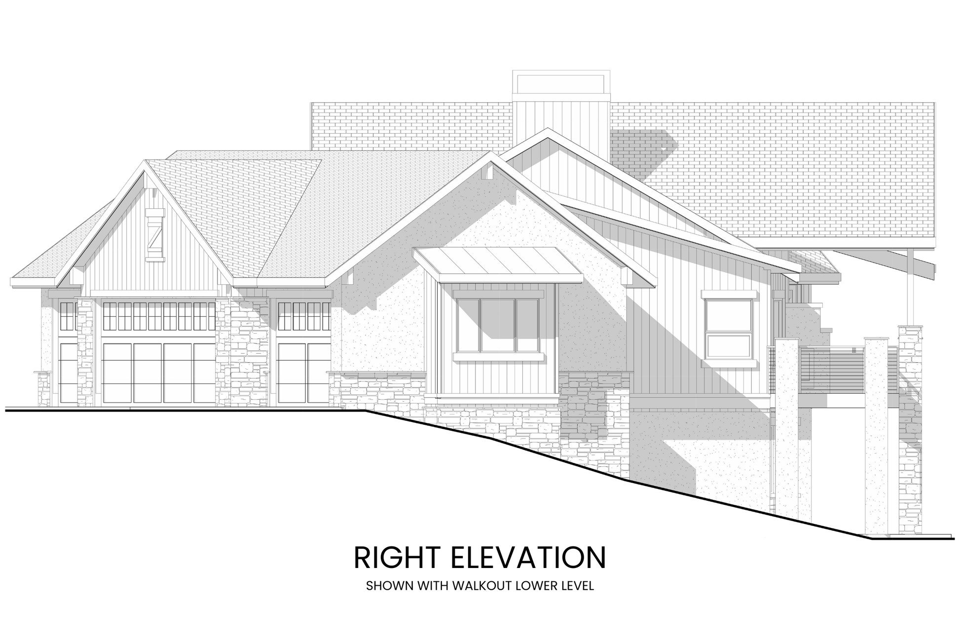 Architectural details emphasizing the mountain lodge aesthetic, large garage, and optional lower-level walkout.