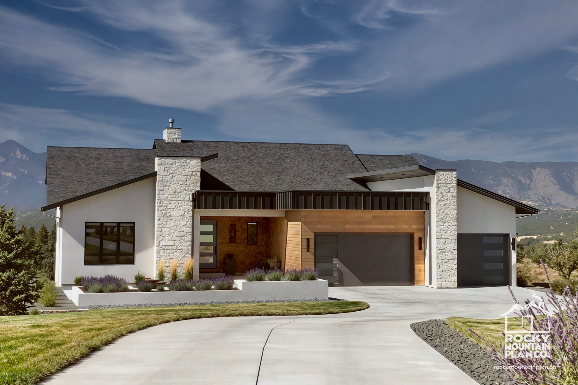 Contemporary home exterior with angled roofline and covered rear patio