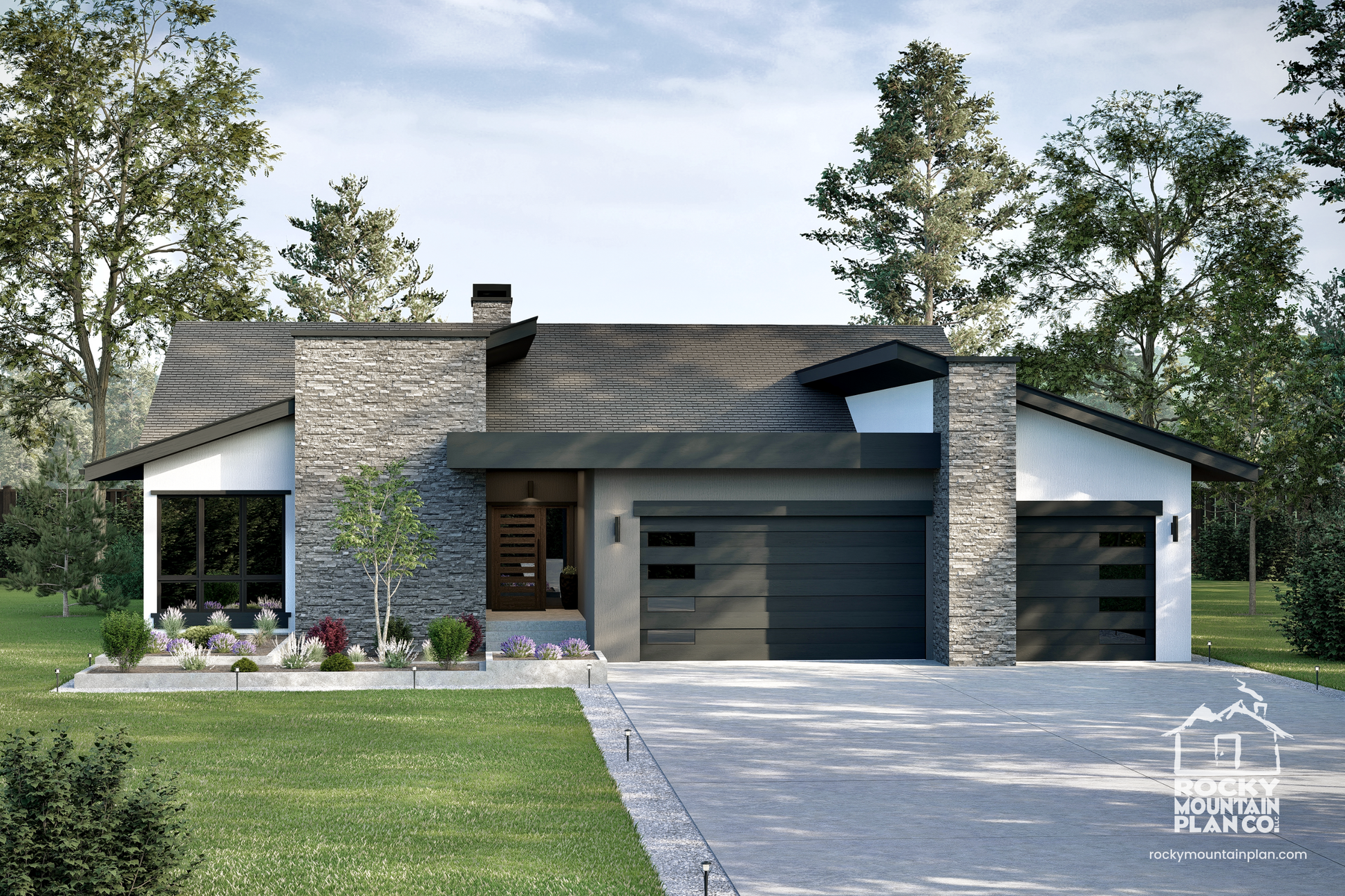 Luxe modern home exterior with angled roofline and covered patio