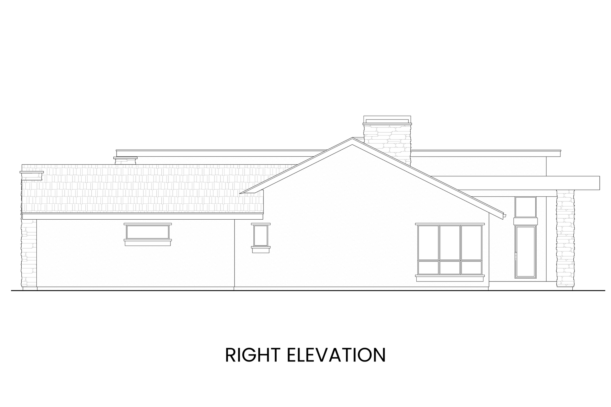 Side view of luxe modern house plan and architectural details