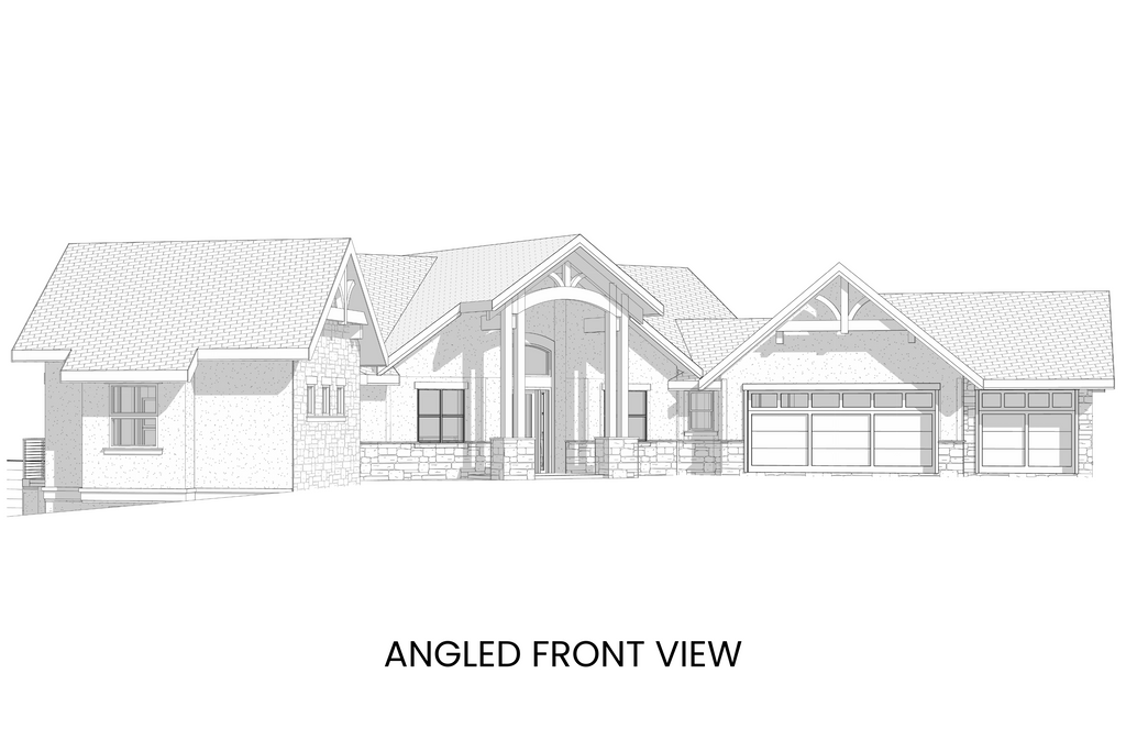 Angled view of Abrams Mountain exterior showing the blend of craftsman and mountain lodge elements with timber and stone detailing.