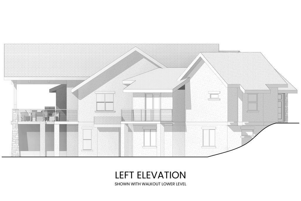 Left Side perspective highlighting the covered deck and architectural details of the Craftsman lodge style.