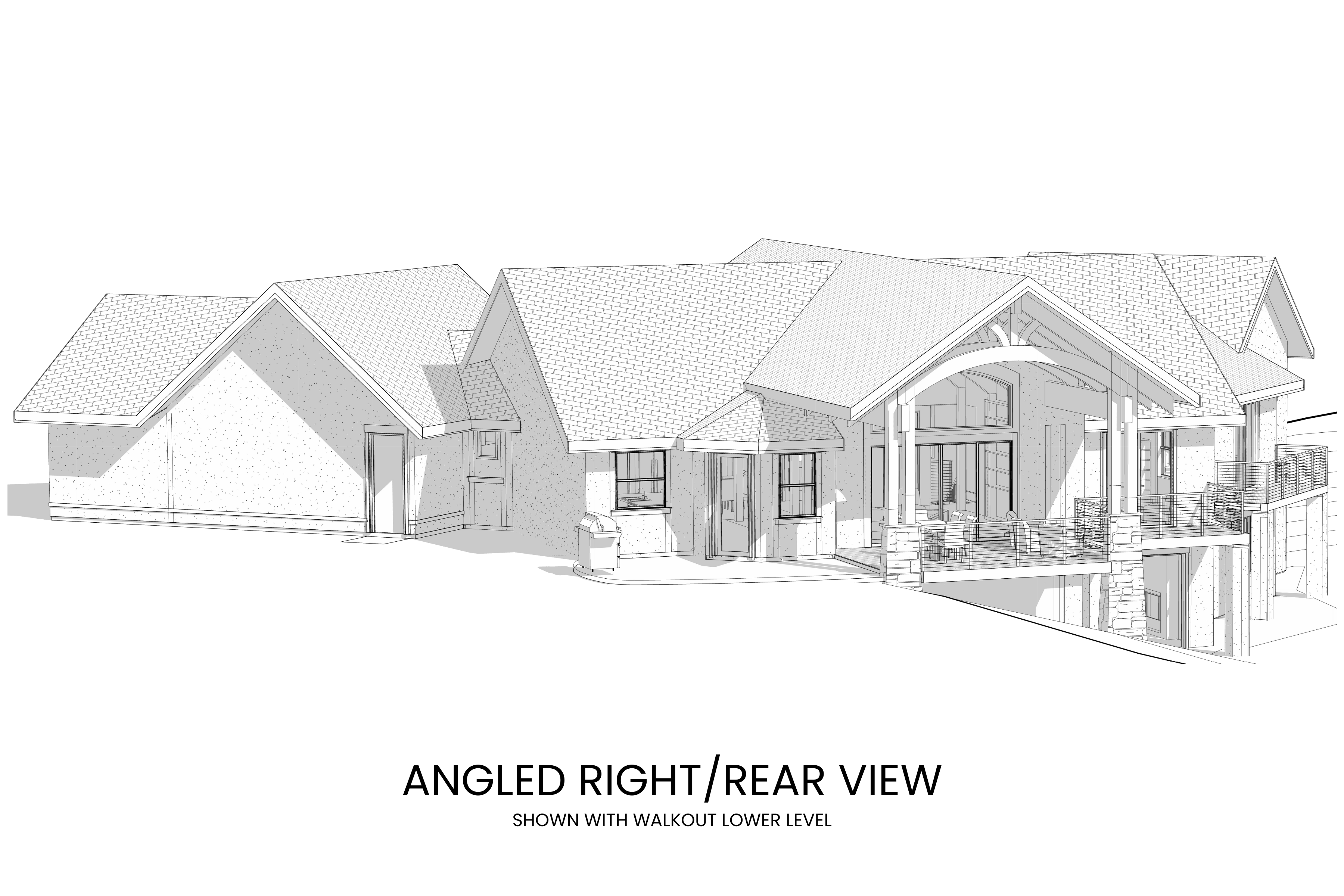 Angled view of Abrams Mountain highlighting the spacious deck, timber trusses, and the integration with the natural surroundings.