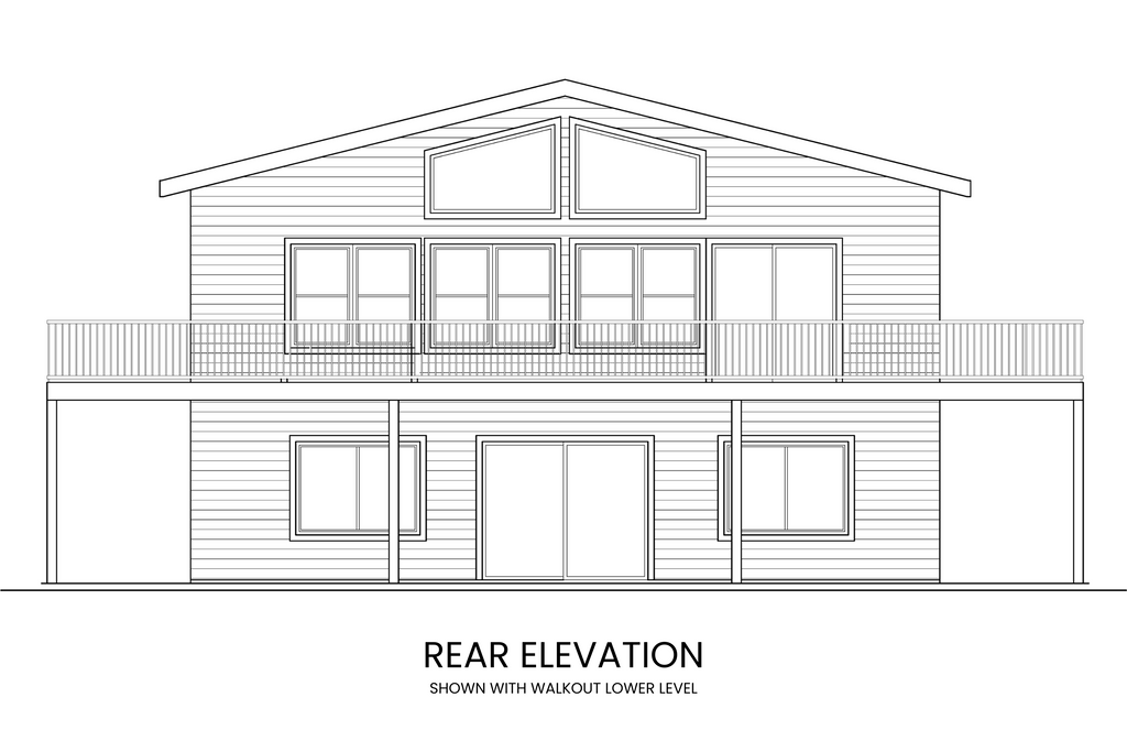 Rear elevation of Blue Vervain highlighting the wraparound porch and large windows for natural light and scenic views.