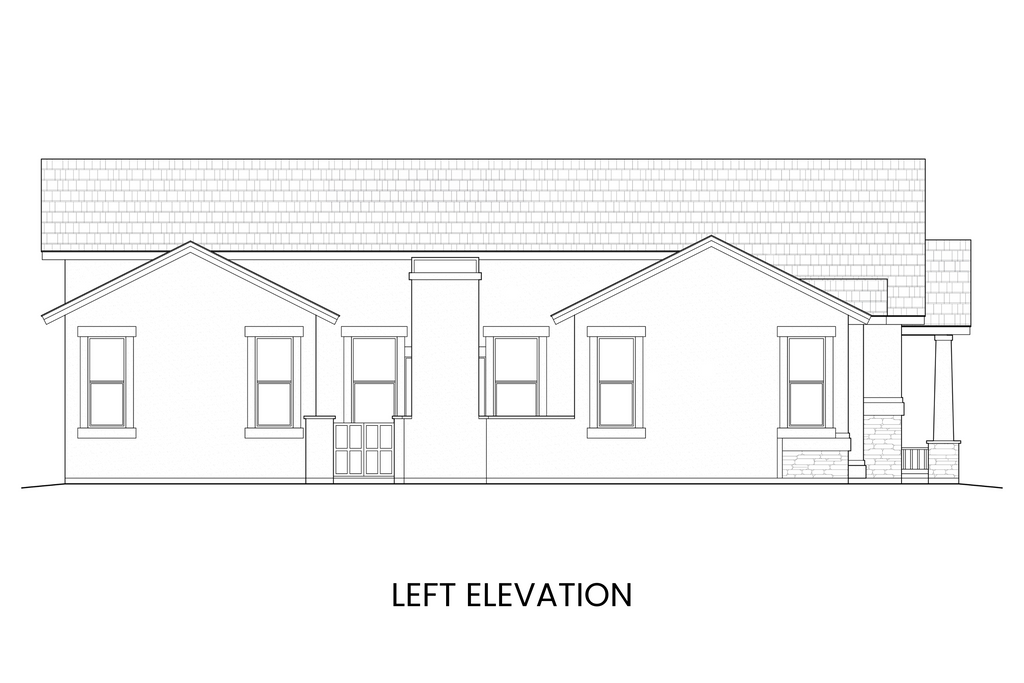 Left side elevation of Alice Lake displaying the courtyard access and Craftsman architectural detailing.