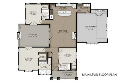 Main level floor plan of Alice Lake, featuring three bedrooms, open great room, kitchen with island, and courtyard layout.