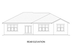 Rear elevation of Waterton Lake highlighting the rear patio, large windows, and exterior detailing typical of a lodge-style home.