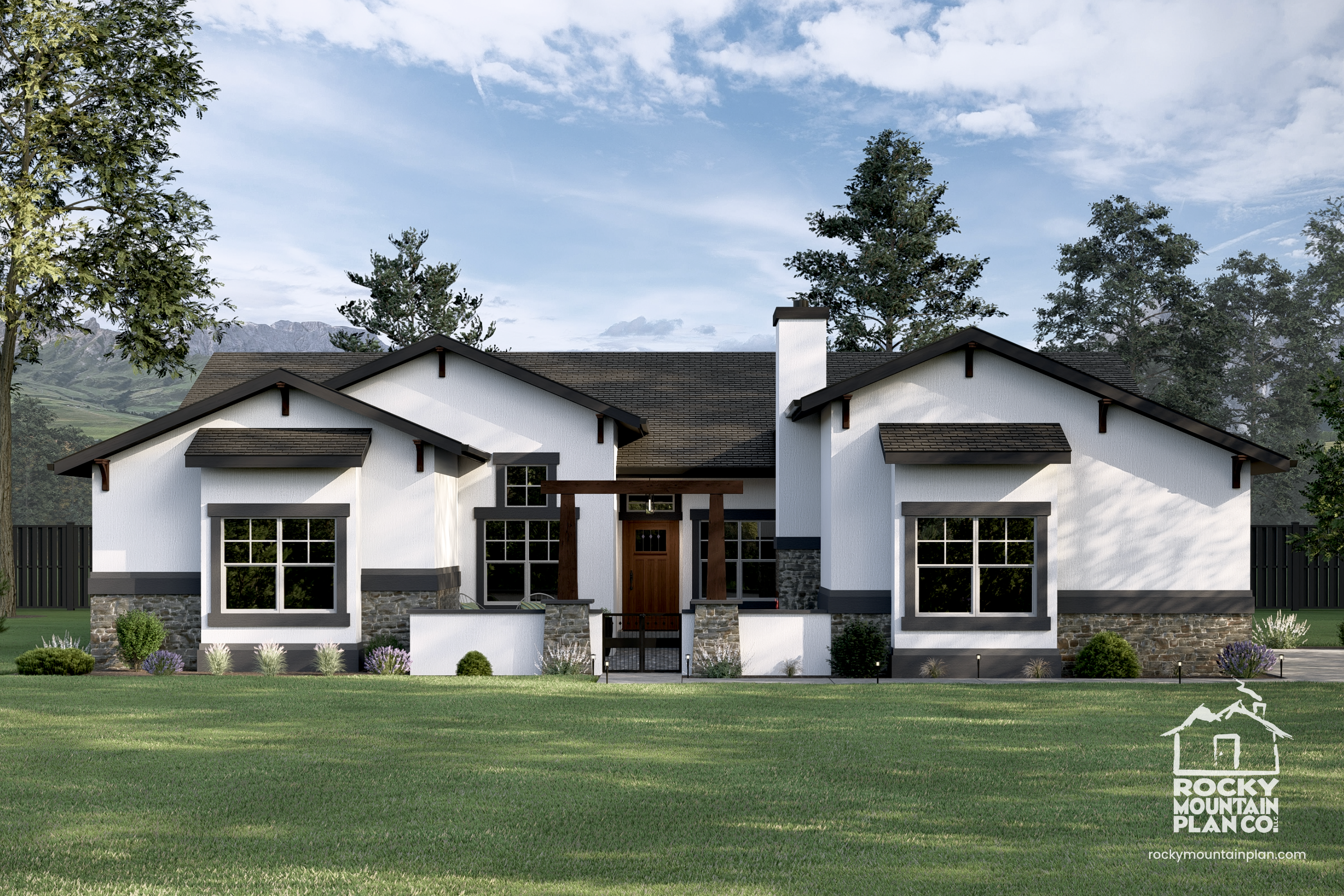 Exterior view of Annette Lake, a modern Craftsman-style single-level home with a gated courtyard and elegant detailing.