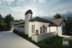 Spanish-Revival-Courtyard-Ranch-Plan-Exterior-Night-View-Rocky-Mountain-Plan-Company-Coast-Redwood