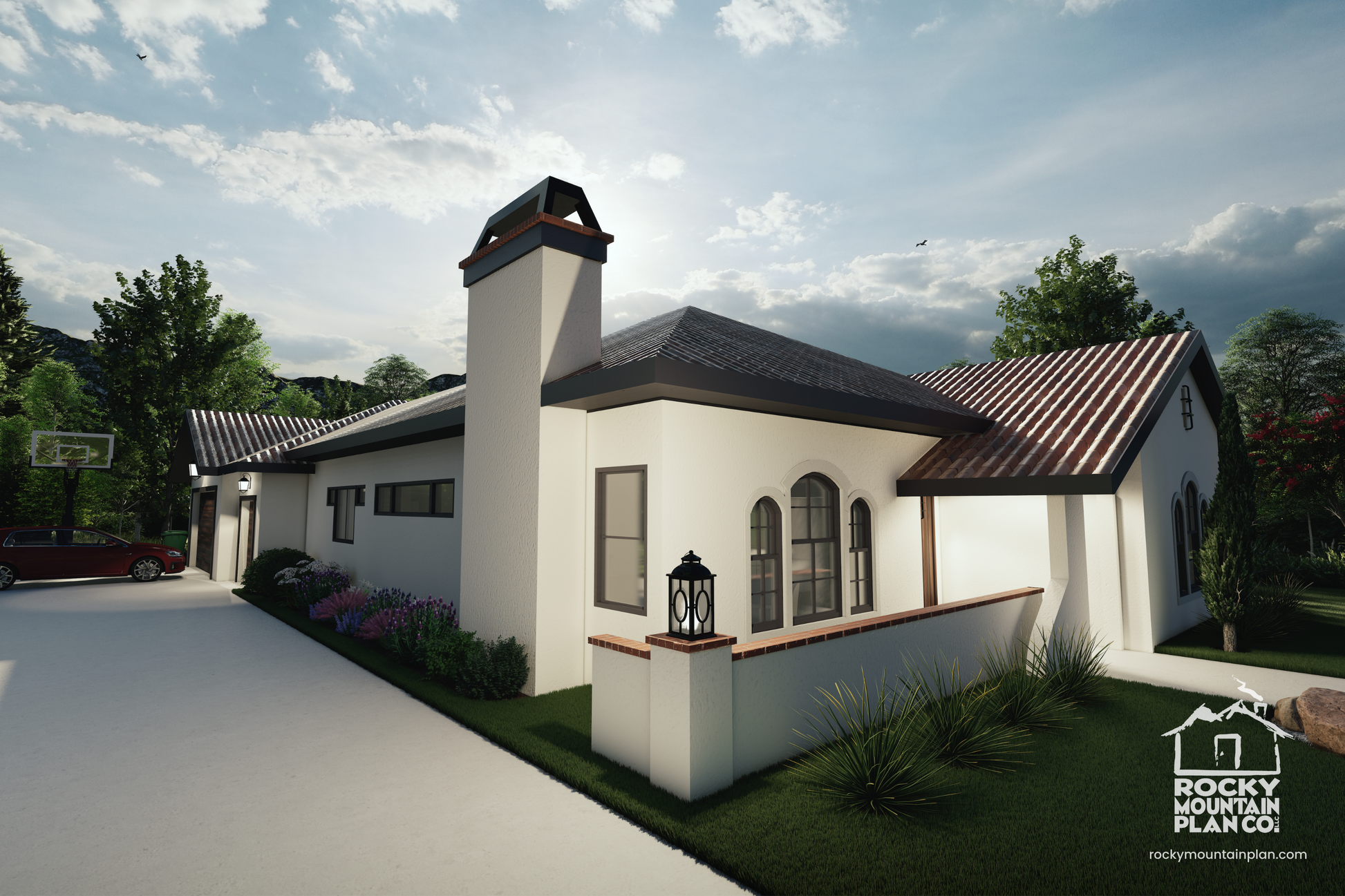 Spanish-Revival-Courtyard-Ranch-Plan-Exterior-Night-View-Rocky-Mountain-Plan-Company-Coast-Redwood