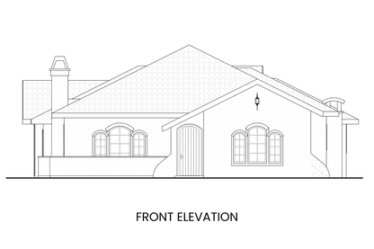 Spanish-Revival-Courtyard-Ranch-Plan-Front-Elevation-Rocky-Mountain-Plan-Company-Coast-Redwood