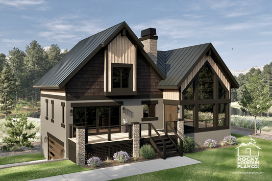 Exterior view of Alpine Sorrel, a mountain chalet-style home with steep gabled roofs, timber accents, and Scandinavian-inspired design.