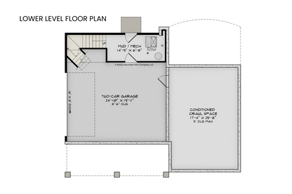 Lower level floor plan of Alpine Sorrel featuring a drive-under two-car garage and crawl space.