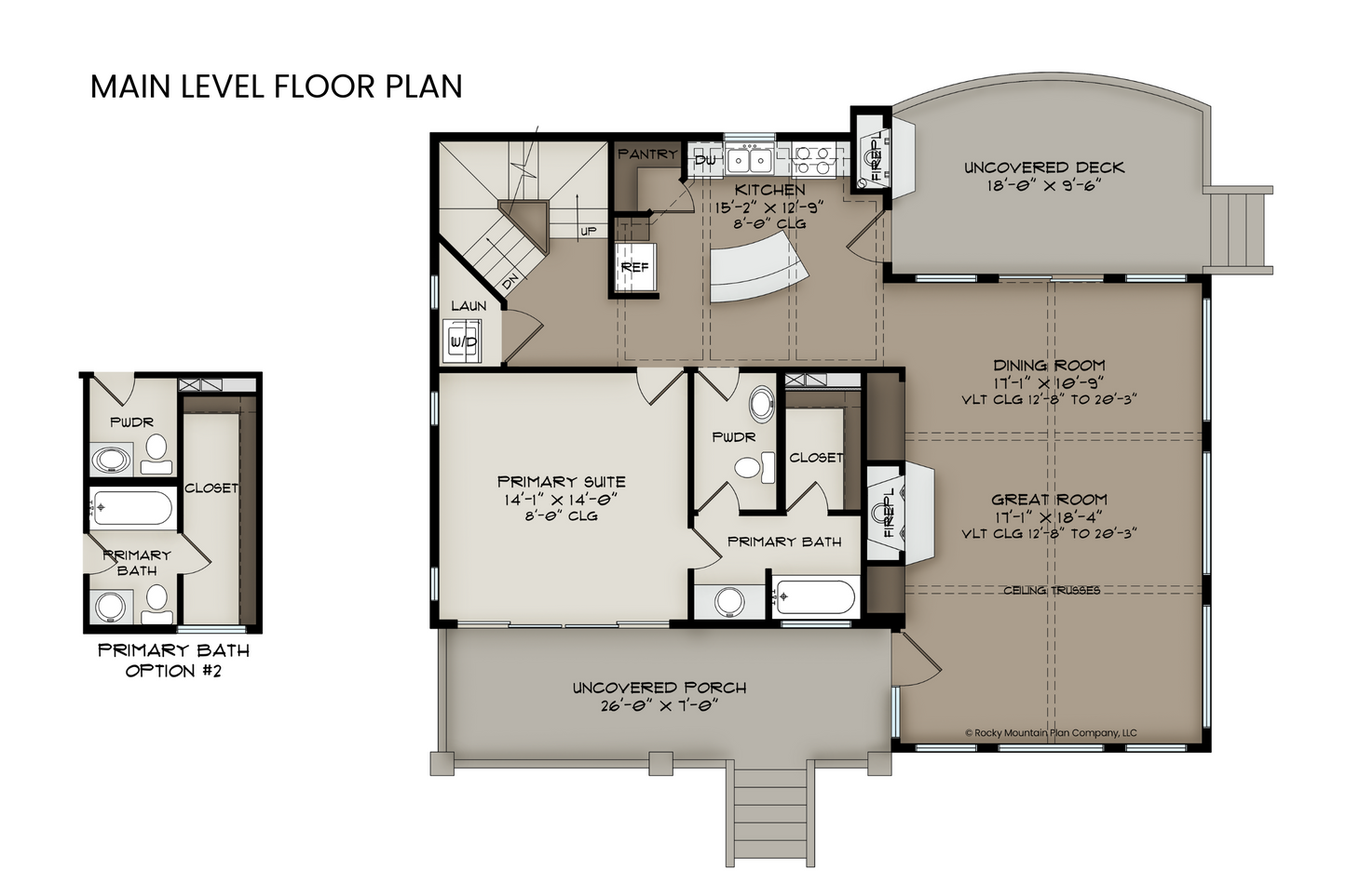 Main level floor plan of Alpine Sorrel, including the open-concept great room, dining area, kitchen, and primary suite.