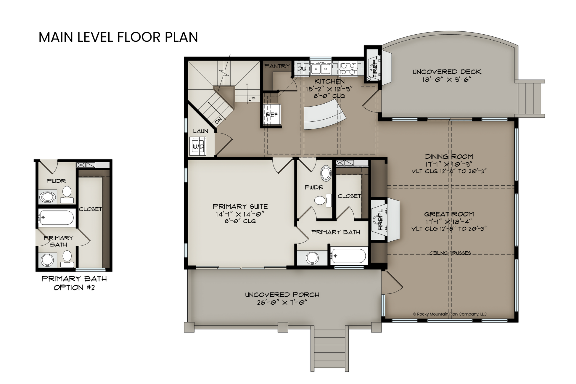 Main level floor plan of Alpine Sorrel, including the open-concept great room, dining area, kitchen, and primary suite.