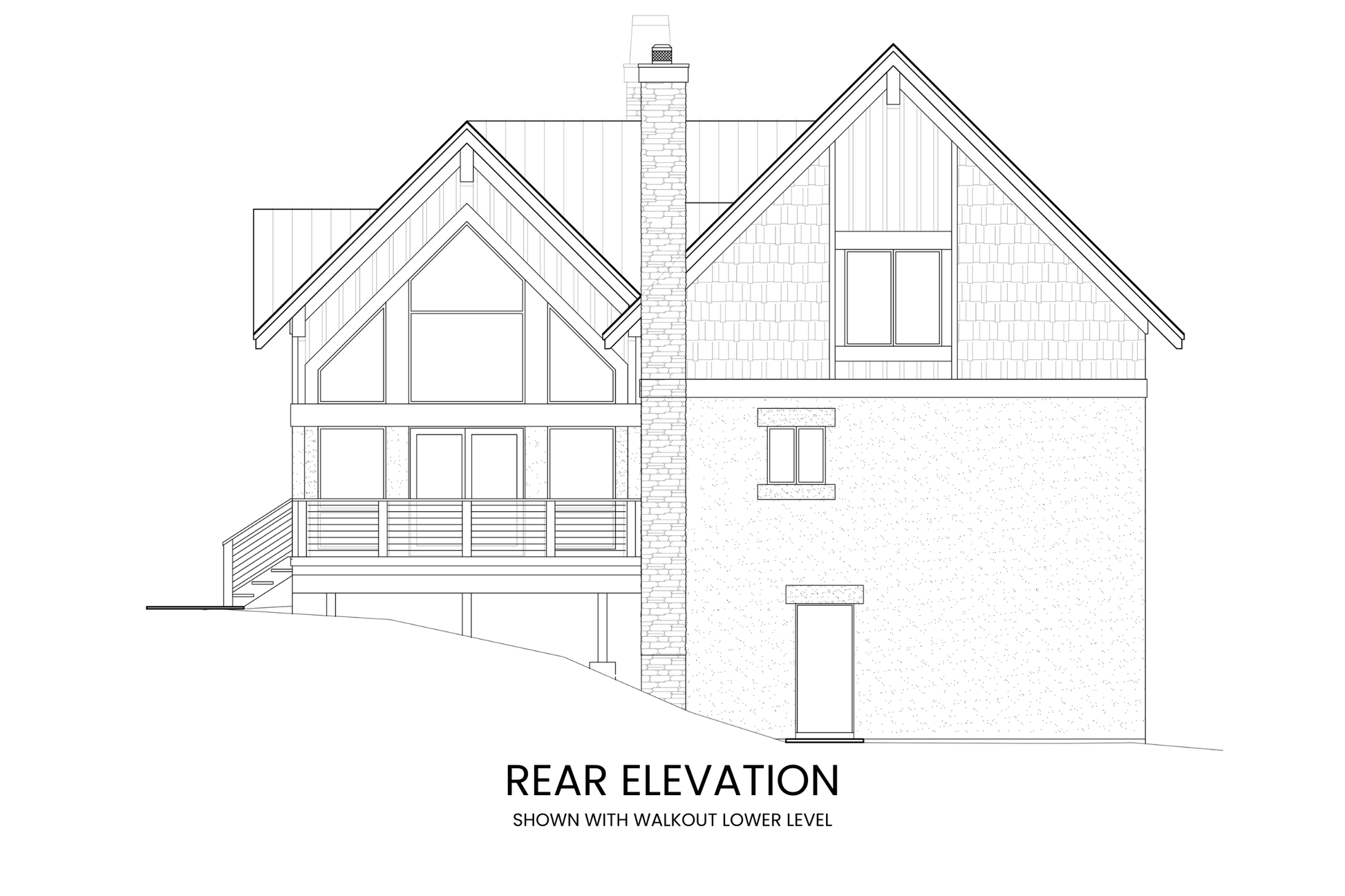 Rear elevation of Alpine Sorrel, highlighting the uncovered rear deck with a statement outdoor fireplace.