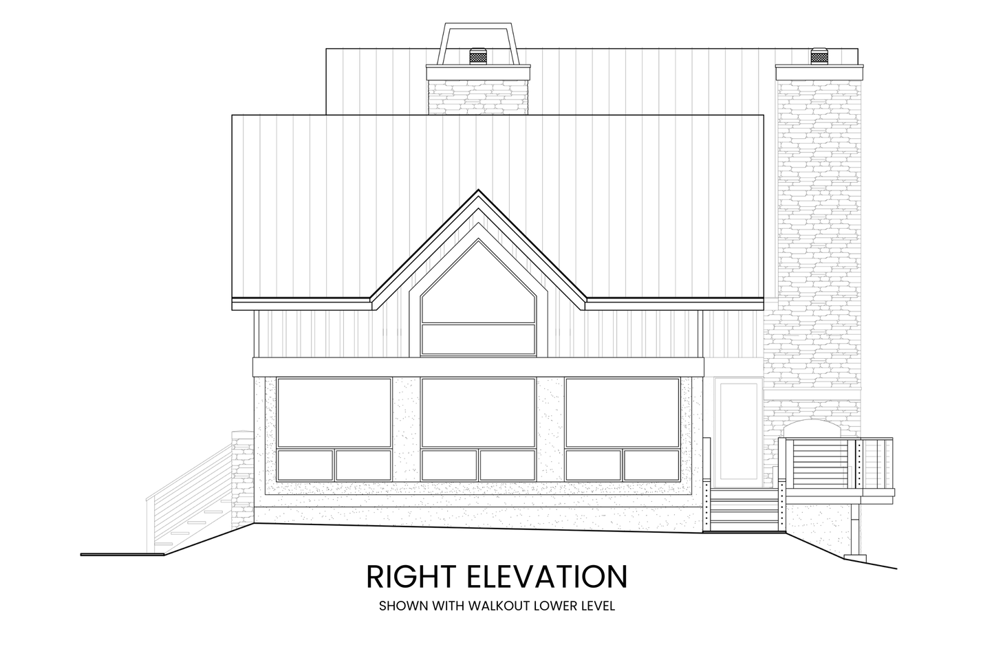 Right side elevation of Alpine Sorrel displaying the steep roofline, outdoor fireplace, large windows, and architectural detailing.