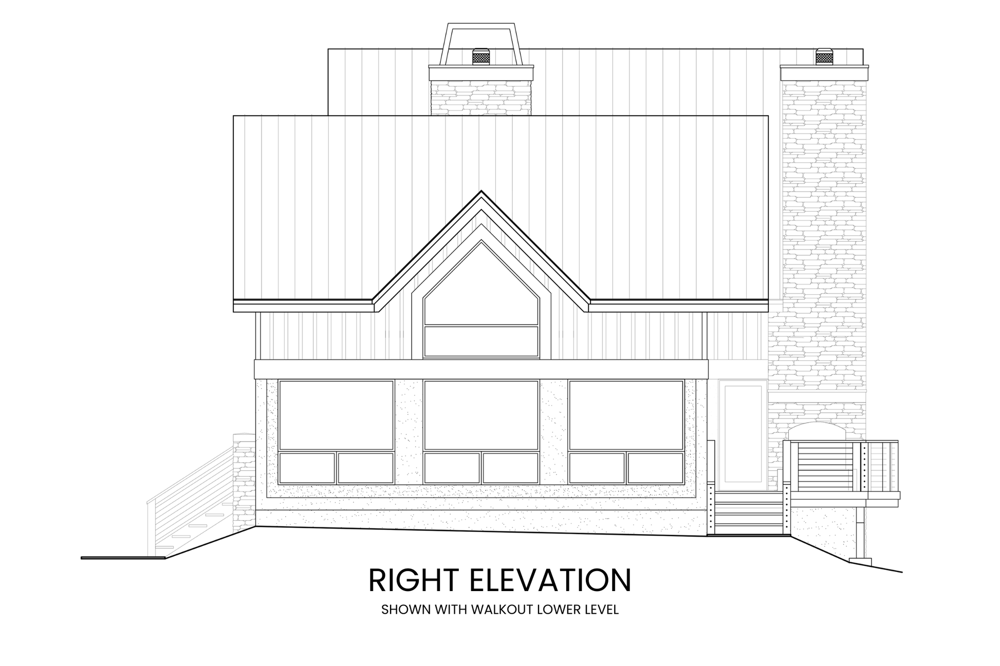 Right side elevation of Alpine Sorrel displaying the steep roofline, outdoor fireplace, large windows, and architectural detailing.