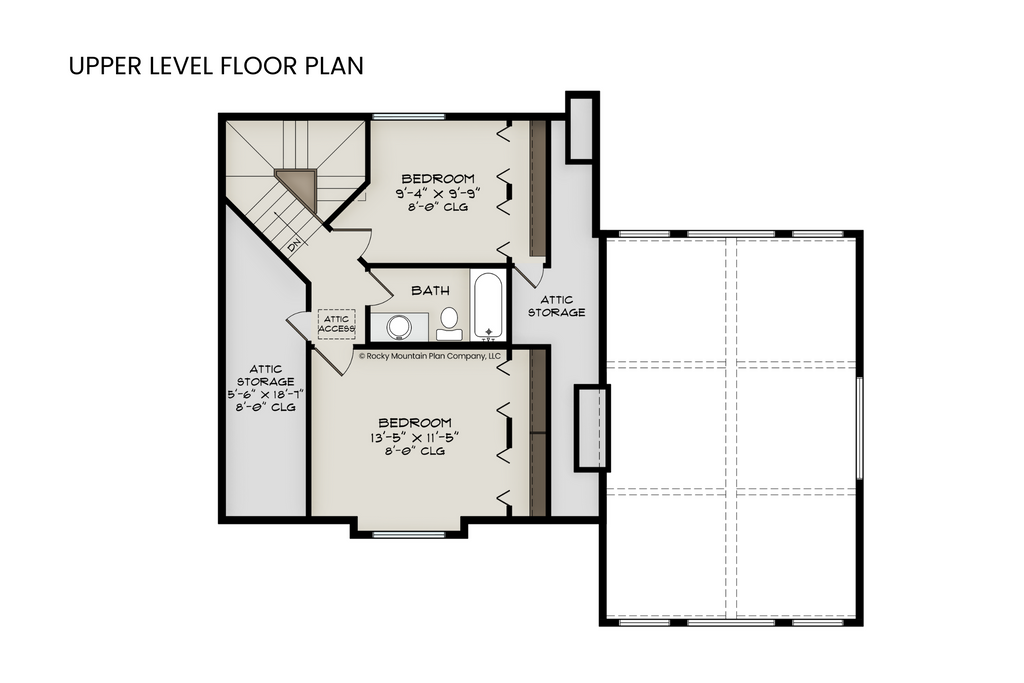 Upper level floor plan of Alpine Sorrel with two bedrooms, a shared bath, and attic storage.