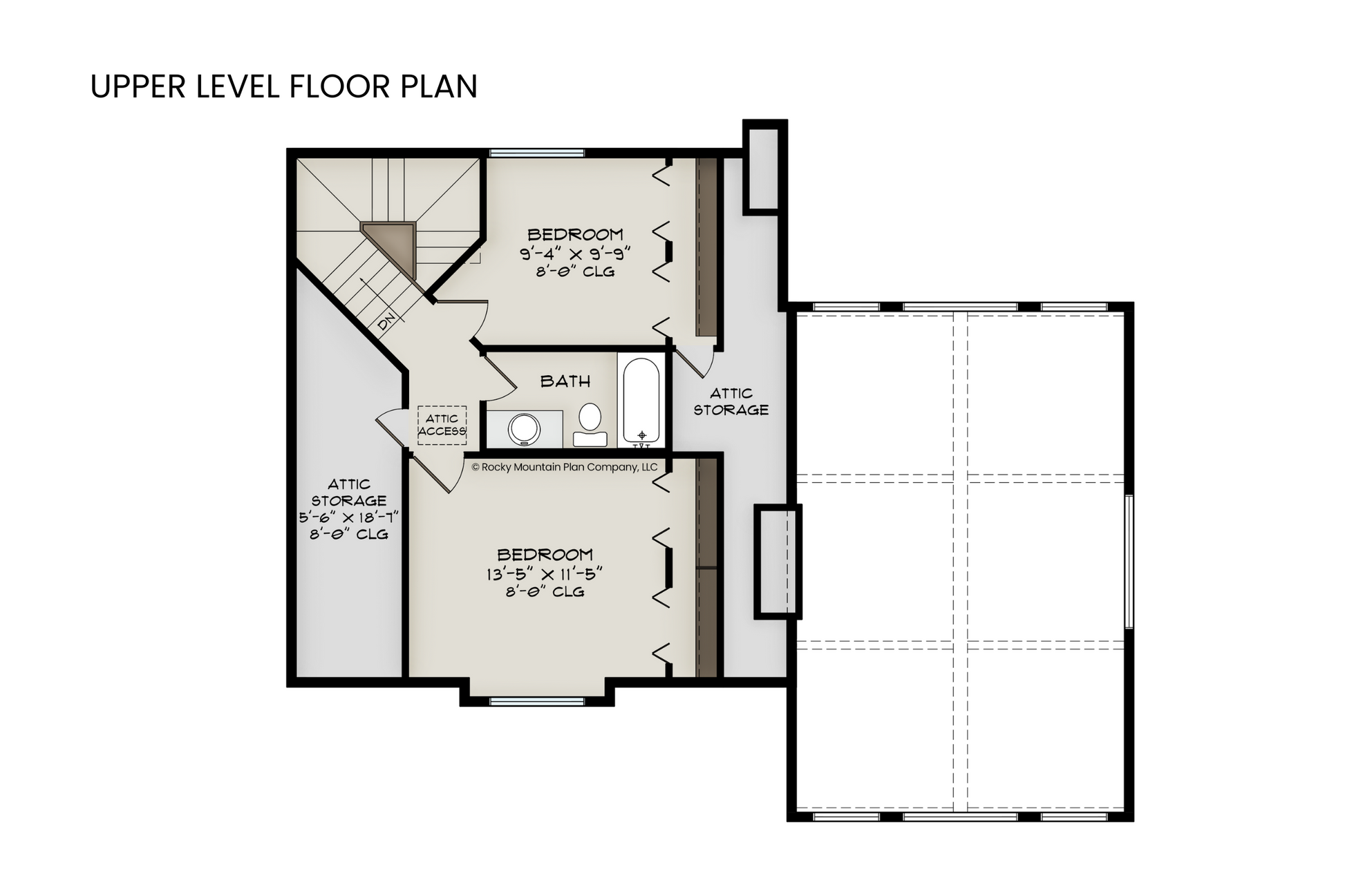 Upper level floor plan of Alpine Sorrel with two bedrooms, a shared bath, and attic storage.