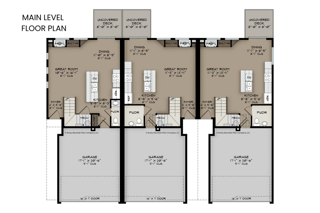 Detailed layout of the main level floor plan of a modern townhome featuring an open concept and fireplace.