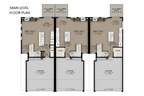 Detailed layout of the main level floor plan of a modern townhome featuring an open concept and fireplace.